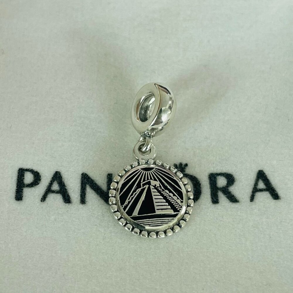 Pandora Engraving Pyramid Black and Silver Charm Pendant